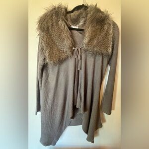 Jaclyn Smith Grey Knit Cardigan with Faux Fur Shawl Collar, L